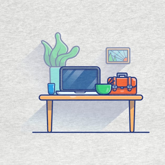 Table, Laptop, Cup, Bowl, Leaf, Vas, Picture And workbag Cartoon by Catalyst Labs